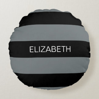 Charcoal Black Horiz Preppy Stripe #3 Monogram Round Cushion