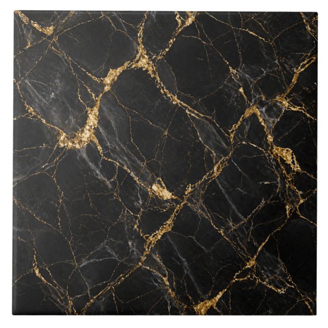 Charcoal Black Marble Effect with Gold Veins Ceramic Tile (Front)