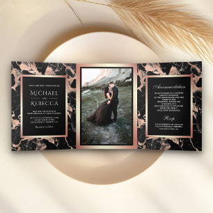 Charcoal Black Marble Rose Gold Foil Photo Wedding Tri-Fold Invitation