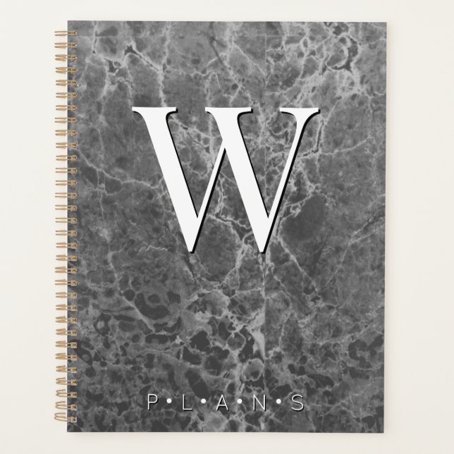 Charcoal Black Modern Marble Monogram Planner (Front)