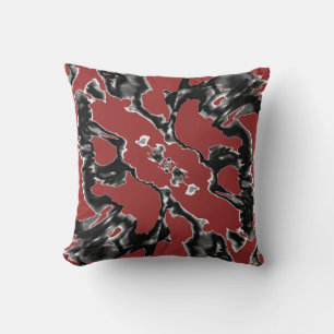Charcoal Black on Dark Red Floral Outline Abstract Cushion