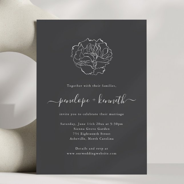 Charcoal Black Peony Line Art Wedding Script Invitation (Creator Uploaded)