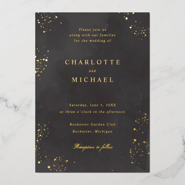 charcoal black watercolor wedding gold foil invita (Front)