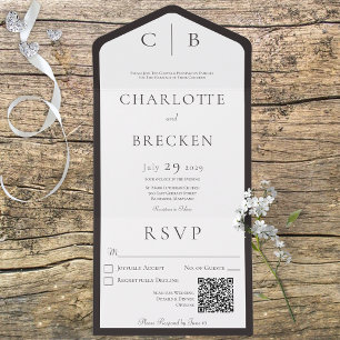 Charcoal Black & White Monogram Minimal QR Code All In One Invitation