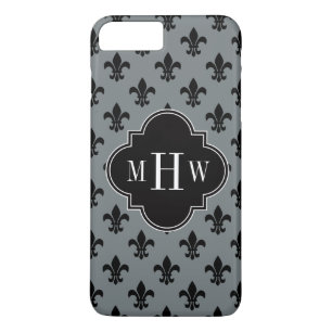 Charcoal Blk Fleur de Lis Black 3 Initial Monogram iPhone 8 Plus/7 Plus Case
