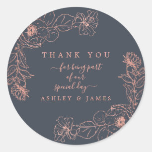 Charcoal Blue Rose Gold Floral Wedding Thank You Classic Round Sticker