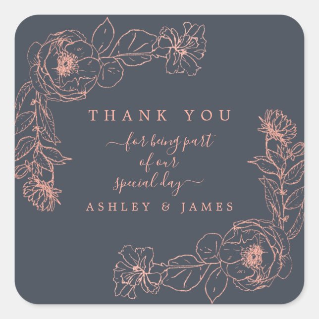 Charcoal Blue Rose Gold Floral Wedding Thank You Square Sticker (Front)