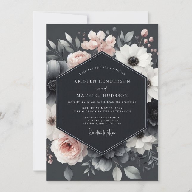 Charcoal Blush Blossom Elegance Wedding Invitation (Front)