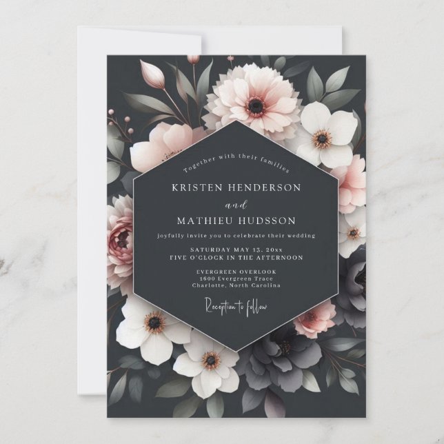 Charcoal Blush Floral Romance Wedding Invitation (Front)