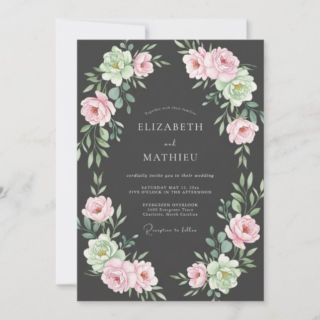 Charcoal Blush Peony Wedding Invitation (Front)