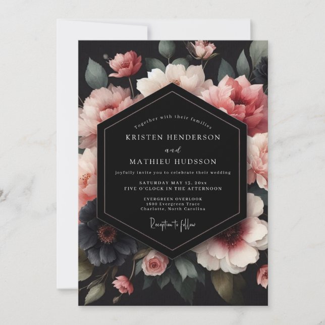 Charcoal Blush Petal Nocturne Wedding Invitation (Front)
