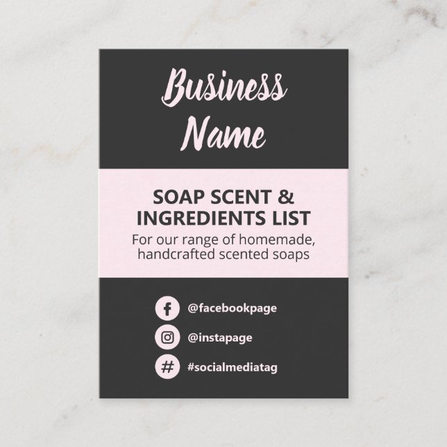 Charcoal Blush Pink Soap Scent Ingredients List Business Card (Front)