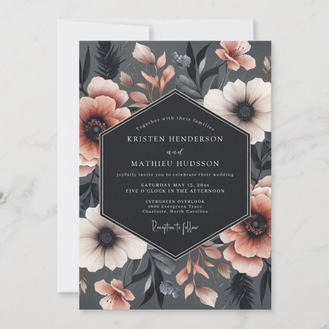 Charcoal Blush Somber Flora Wedding Invitation (Front)