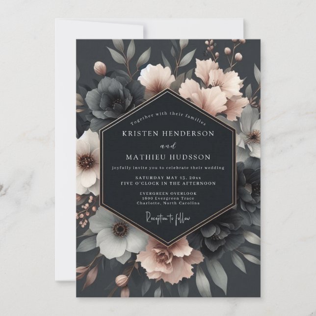 Charcoal Blush Vesperal Bloom Wedding Invitation (Front)