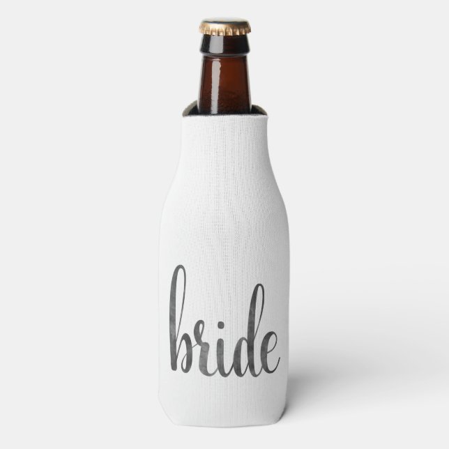 Charcoal bride, chic script, grey watercolor bottle cooler (Bottle Front)