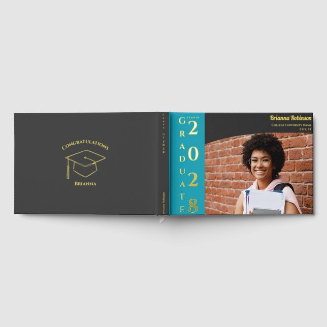 Charcoal Brown Modern Photo Graduation Party Gold  Guest Book (Full)