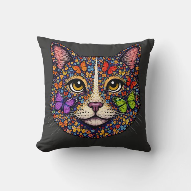 Charcoal Butterfly Blooms Cat Portrait Kitty Lover Cushion (Front)