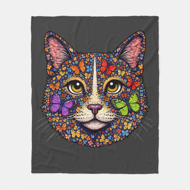 Charcoal Butterfly Blooms Cat Portrait Kitty Lover Fleece Blanket (Front)
