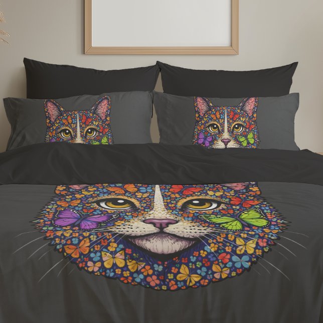Charcoal Butterfly Blooms Cat Portrait Kitty Lover Pillowcase (Creator Uploaded)