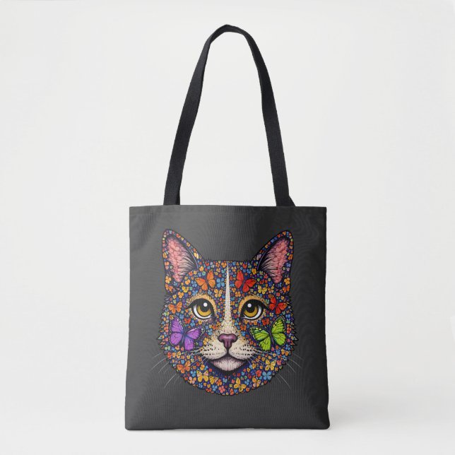 Charcoal Butterfly Blooms Cat Portrait Kitty Lover Tote Bag (Front)