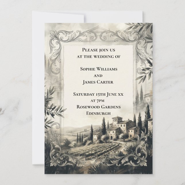 Charcoal Castle Landscape Wedding Invitation (Front)