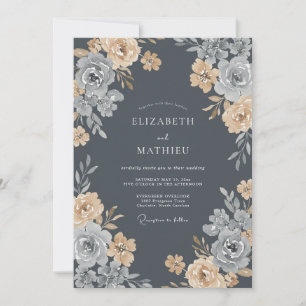 Charcoal Champagne Ranunculus Eucalyptus Wedding Invitation