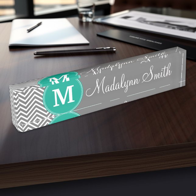Charcoal Chevrons Pattern Custom Monogram Name Nameplate (Personalized Name Plate for the Office, School or Home)