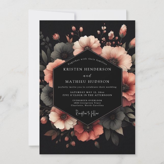 Charcoal Coral Bloom Wedding Invitation (Front)