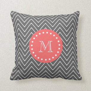 Charcoal Coral Chevron Pattern 2A Monogram Cushion