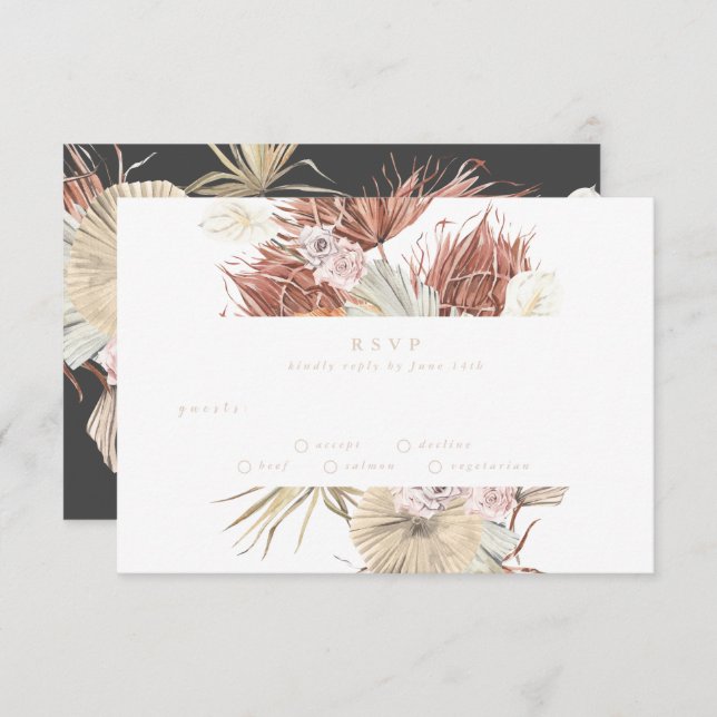 Charcoal Cream Pampas Grass Floral Jungle Wedding RSVP Card (Front/Back)