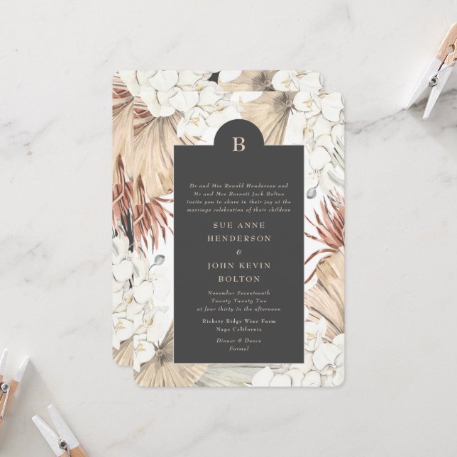 Charcoal Cream Pampas Wreath Floral Border Wedding Invitation (Front/Back In Situ)