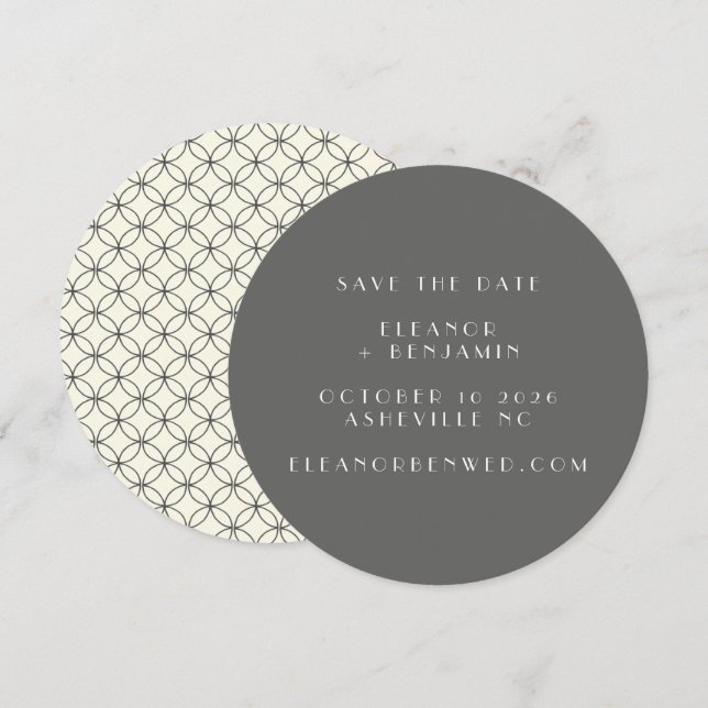 Charcoal Cream Round Geometric Modern Wedding Save The Date (Front/Back)
