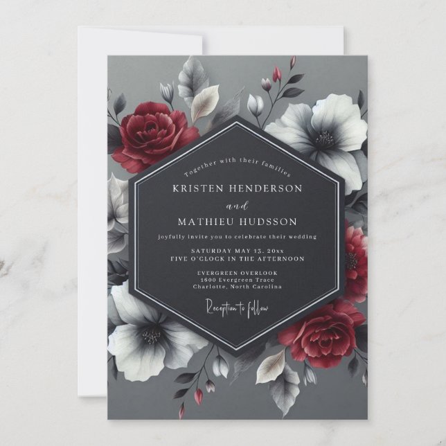 Charcoal Crimson Bloom Wedding Invitation (Front)