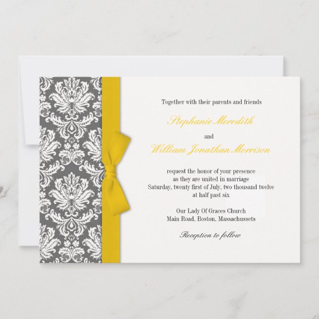 Charcoal Damask Yellow Bow Wedding Invitation (Front)