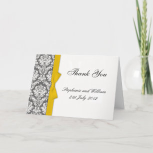 Charcoal Damask Yellow Bow Wedding Thank You Cards