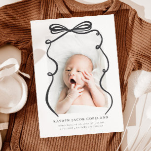 Charcoal Doodle Bow Frame Birth Announcement Photo