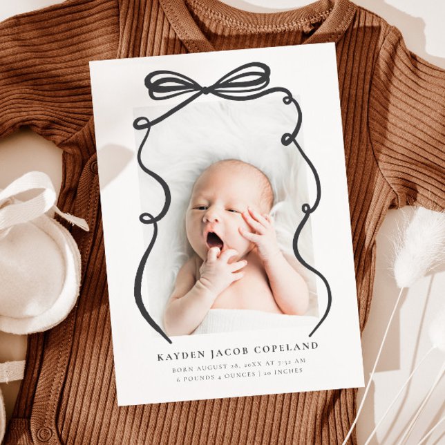 Charcoal Doodle Bow Frame Birth Announcement Photo (Creator Uploaded)