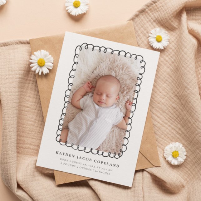 Charcoal Doodle Frame Birth Announcement Photo (Creator Uploaded)