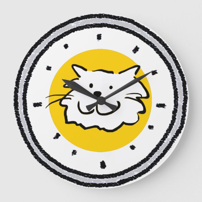 Charcoal Drawn Style Dial with Smiling Cat Large Clock (Front)
