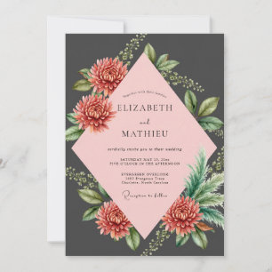 Charcoal Dusty Coral Dahlia Wedding Invitation