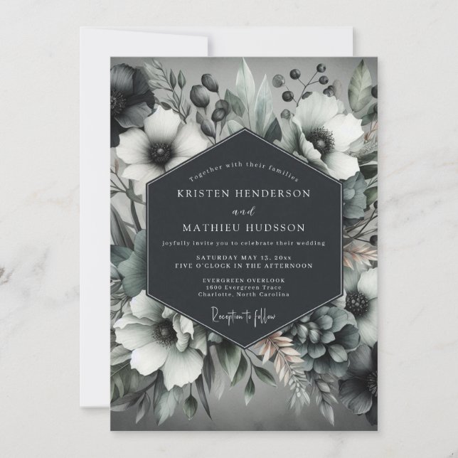 Charcoal Elegant Anemone Wedding Invitation (Front)