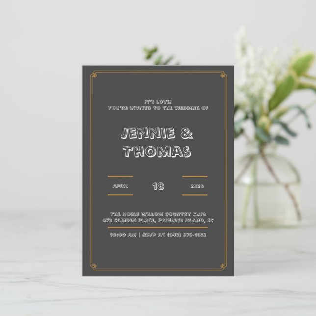 Charcoal Elegant Frame Wedding Invitation (Standing Front)