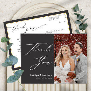 Charcoal Elegant Scrip Photo Wedding Thank You Postcard