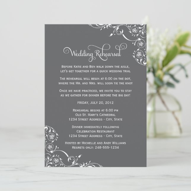 Charcoal Flourish Wedding Rehearsal Invitation (Standing Front)