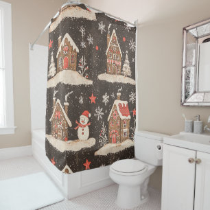 Charcoal Gingerbread House Snowman Christmas Candy Shower Curtain
