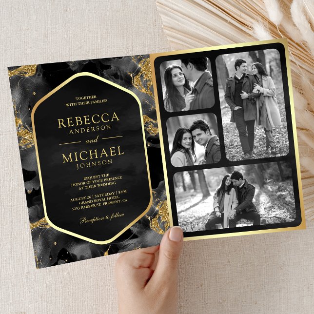 Charcoal Gold Abstract Fluid Ink QR Code Wedding Invitation (Creator Uploaded)