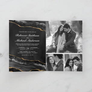 Charcoal Gold Agate Photo Collage QR Code Wedding Invitation