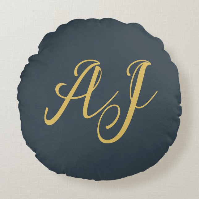 Charcoal Gold Color Monogram Professional Initial Round Cushion (Front)