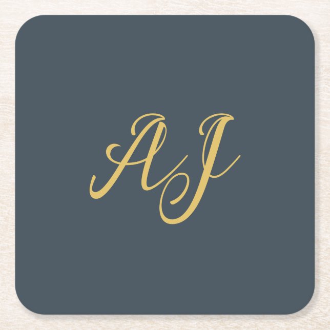 Charcoal Gold Color Monogram Professional Initial Square Paper Coaster (Front)