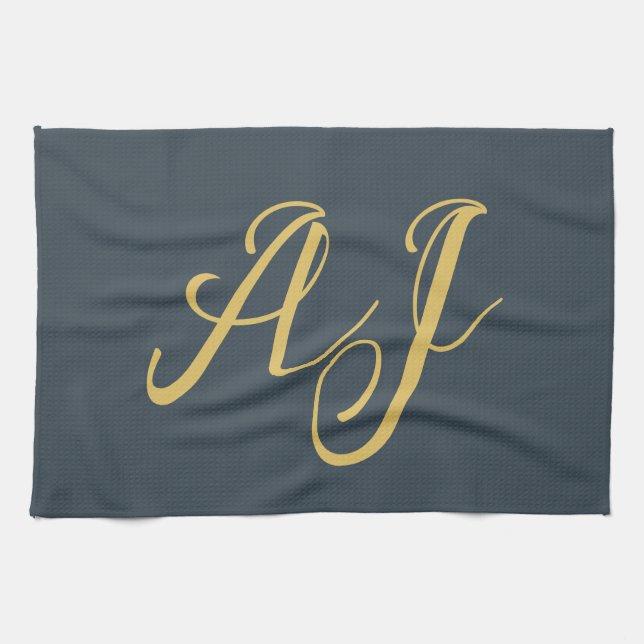 Charcoal Gold Color Monogram Professional Initial Tea Towel (Horizontal)